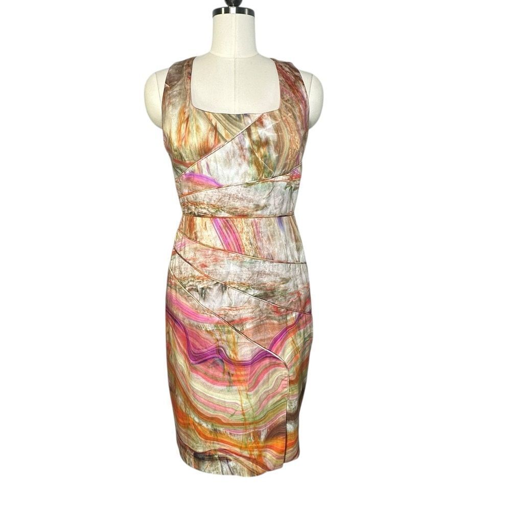 Black Halo Scoop Neck Watercolor  Print Sleeveless Sheath Dress | Size 10